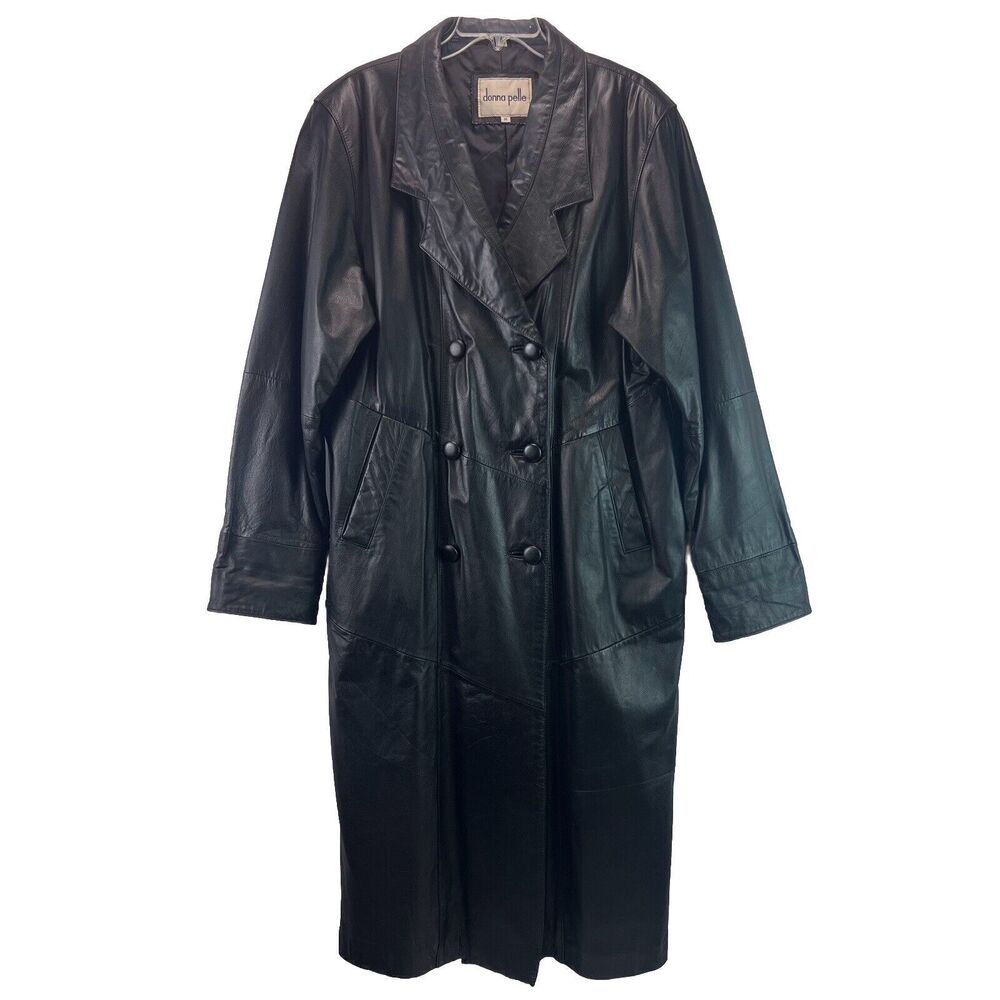 Vintage Donna Pelle Black Leather Trench Coat Size Medium Button Front